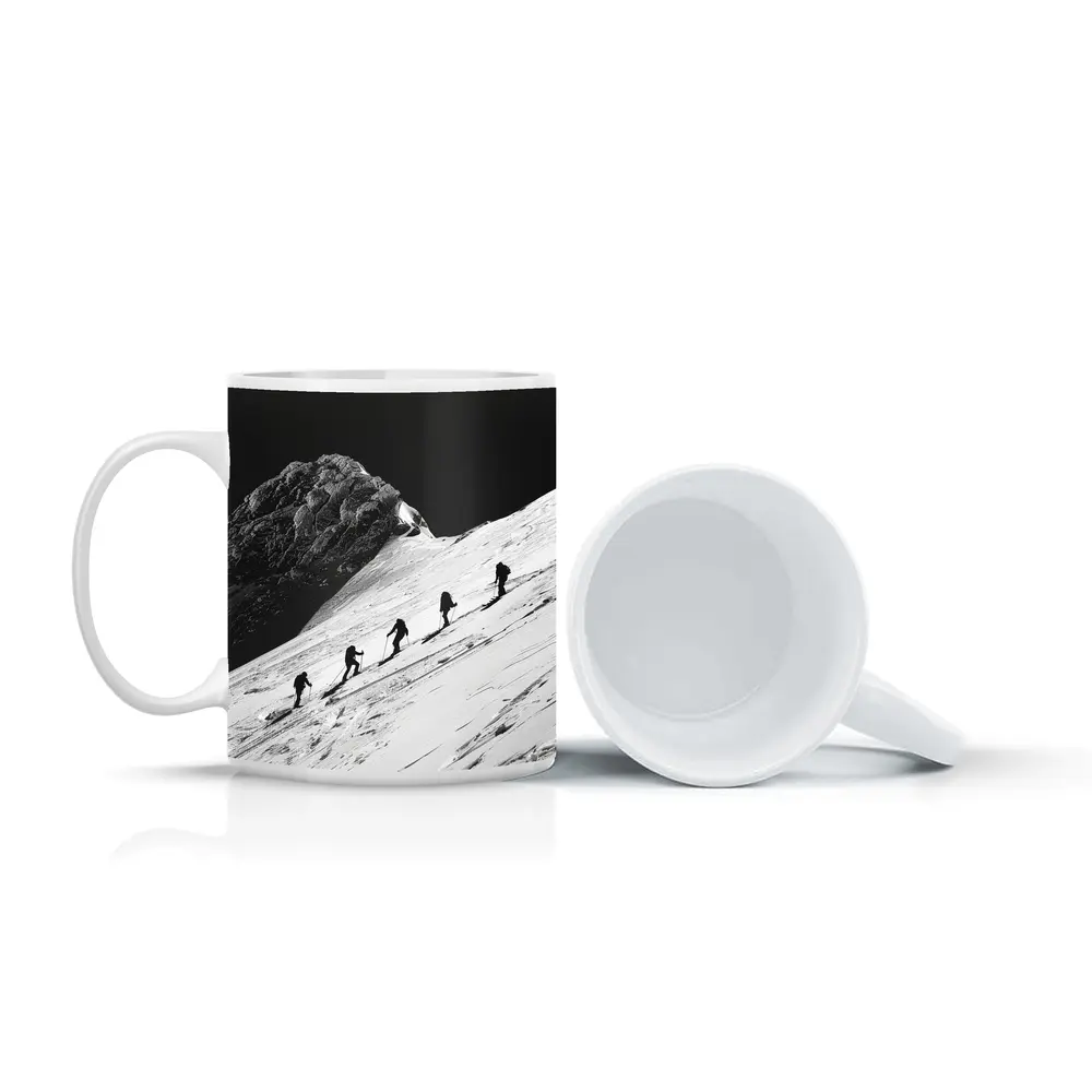 Mountaineers Climbing Snowy Peak Black White – Mugs