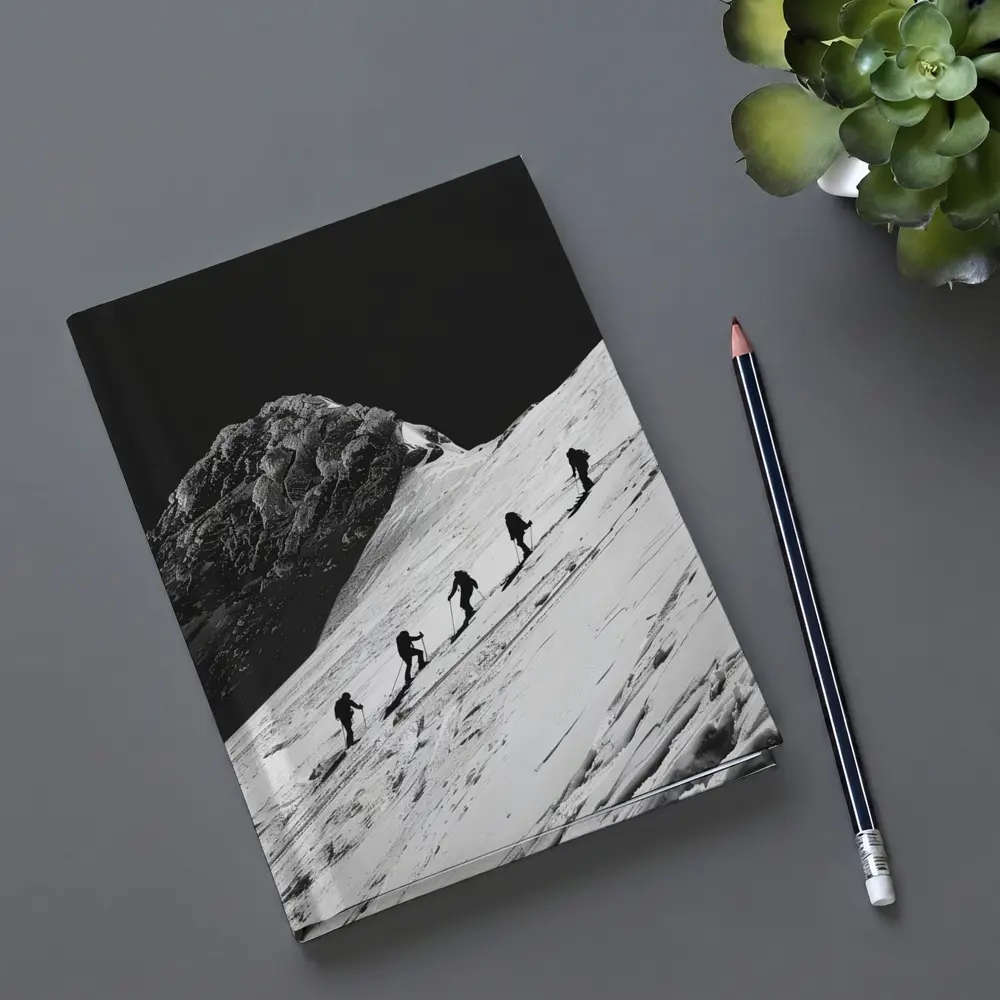 Mountaineers Climbing Snowy Peak Black White – Notebooks