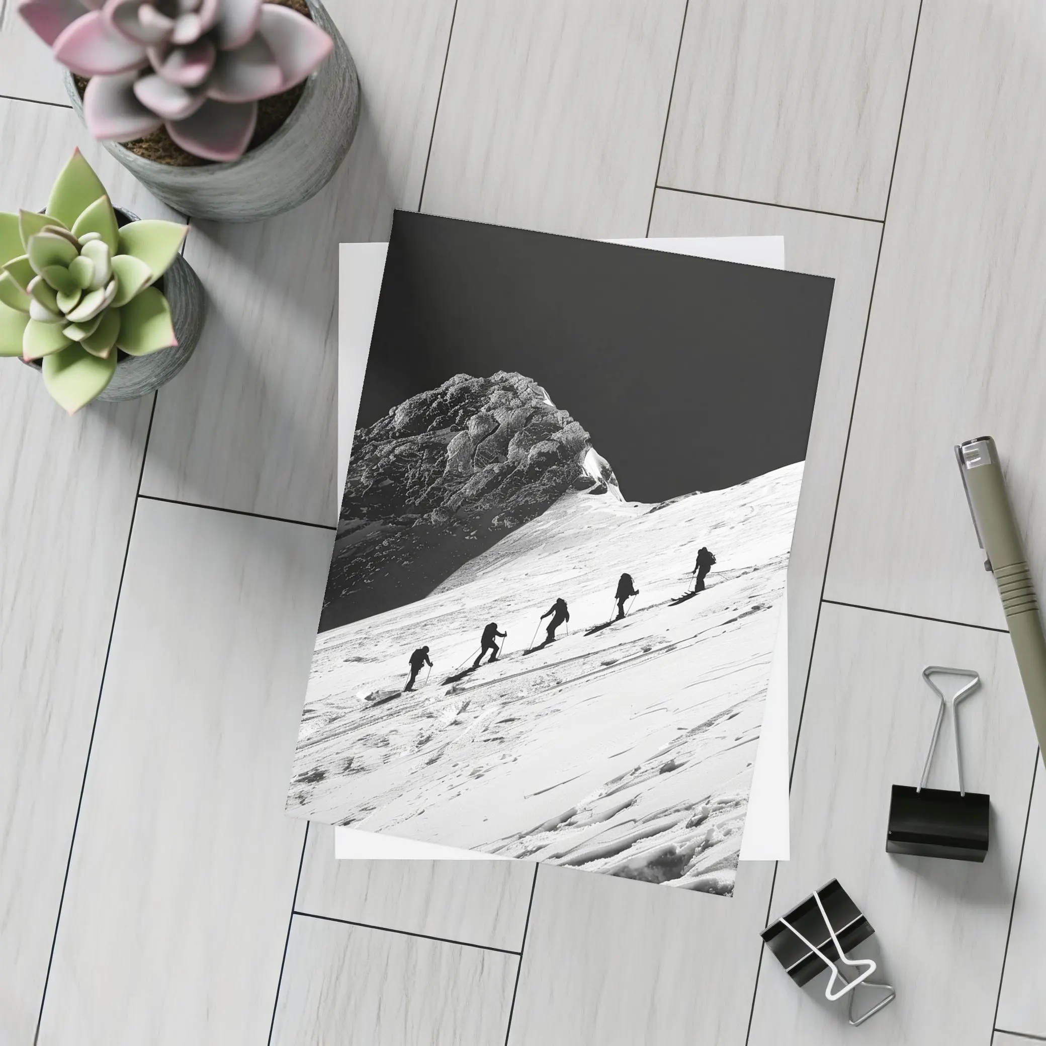 Mountaineers Climbing Snowy Peak Black White – Postcards