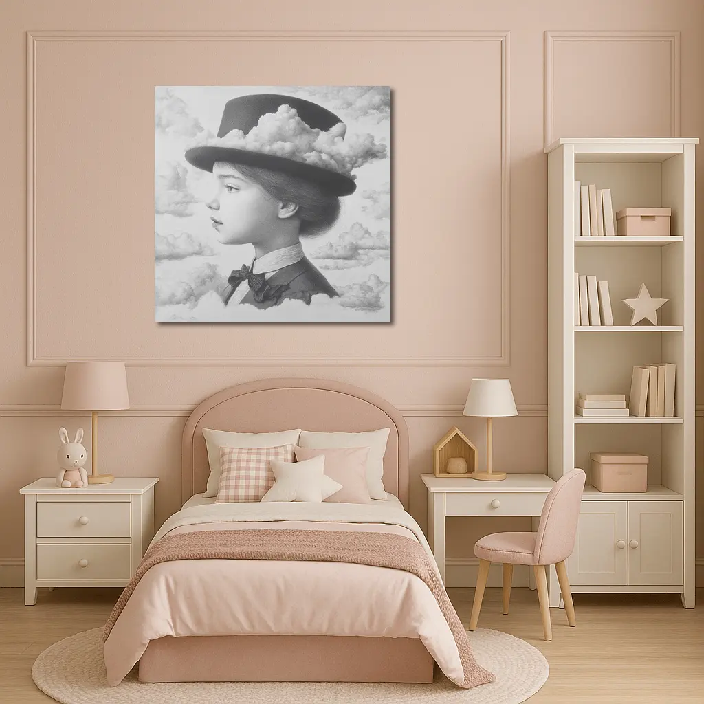 Girl Portrait Top Hat Clouds Surreal Art – Wall Art