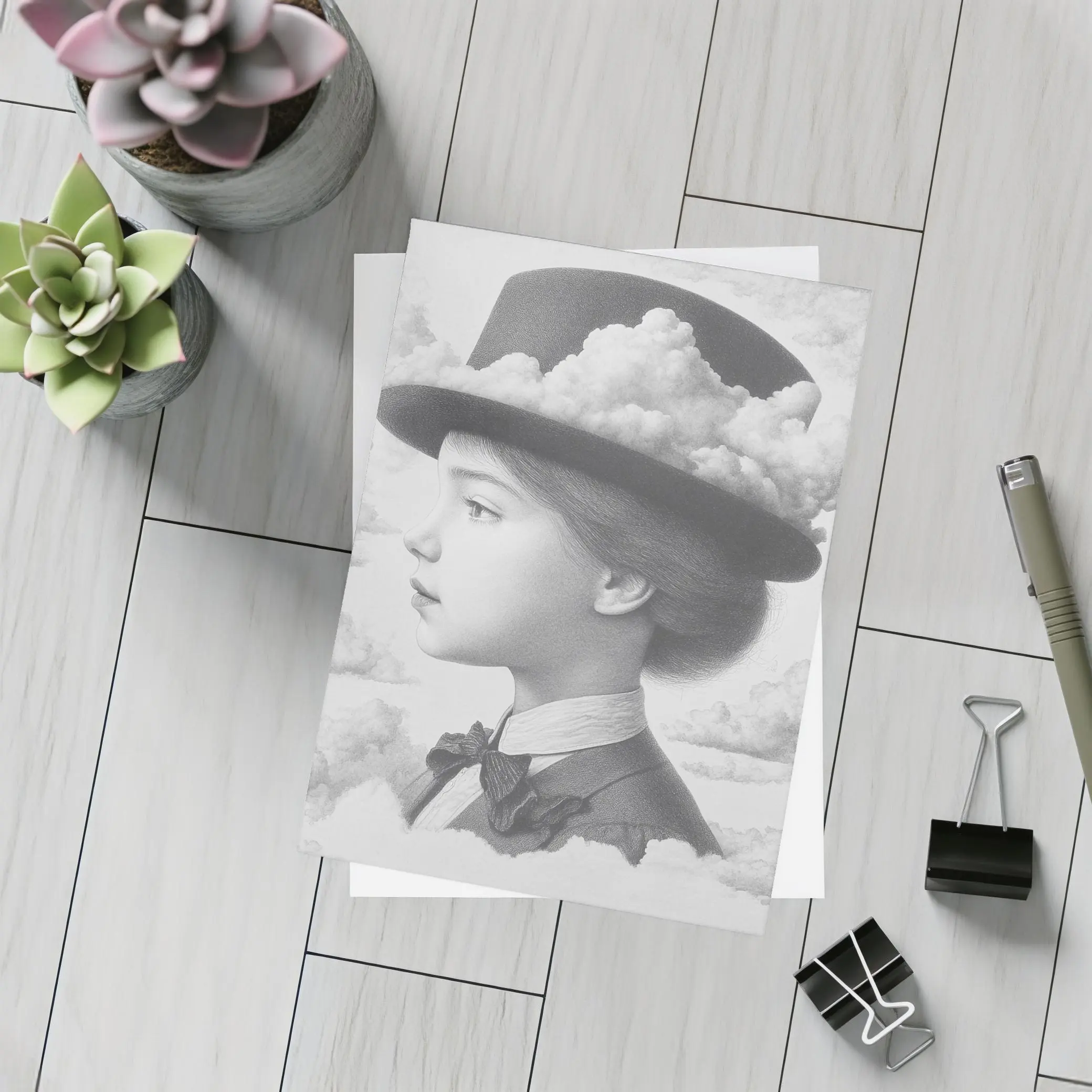 Girl Portrait Top Hat Clouds Surreal Art – Postcards