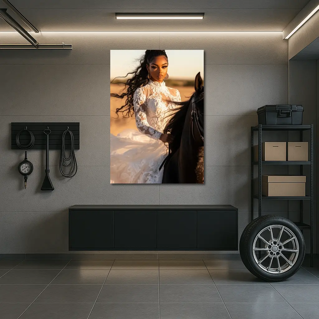 Woman in White Lace Dress Riding Horse – Wall Art