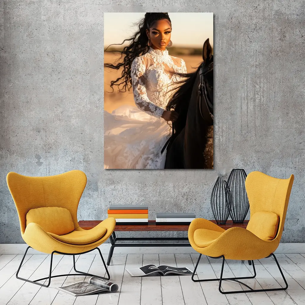 Woman in White Lace Dress Riding Horse – Wall Art