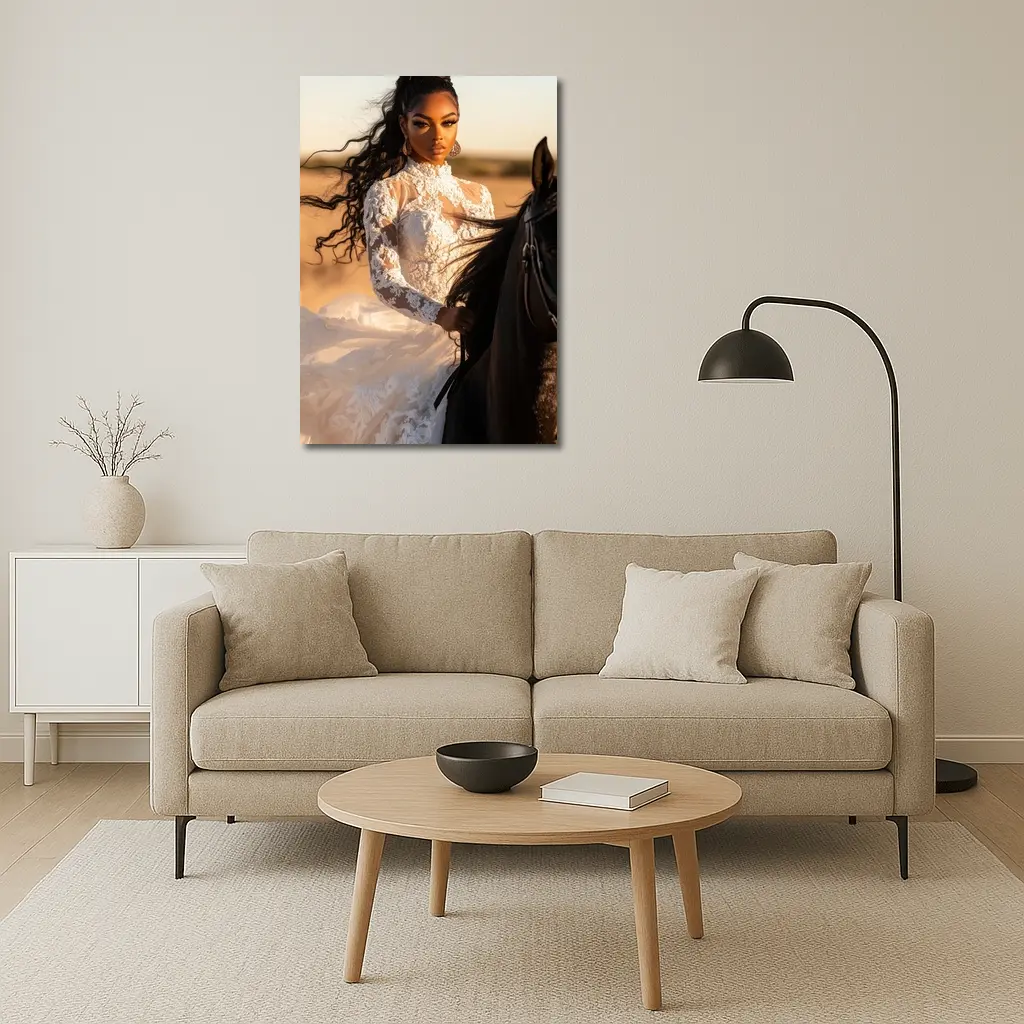 Woman in White Lace Dress Riding Horse – Wall Art