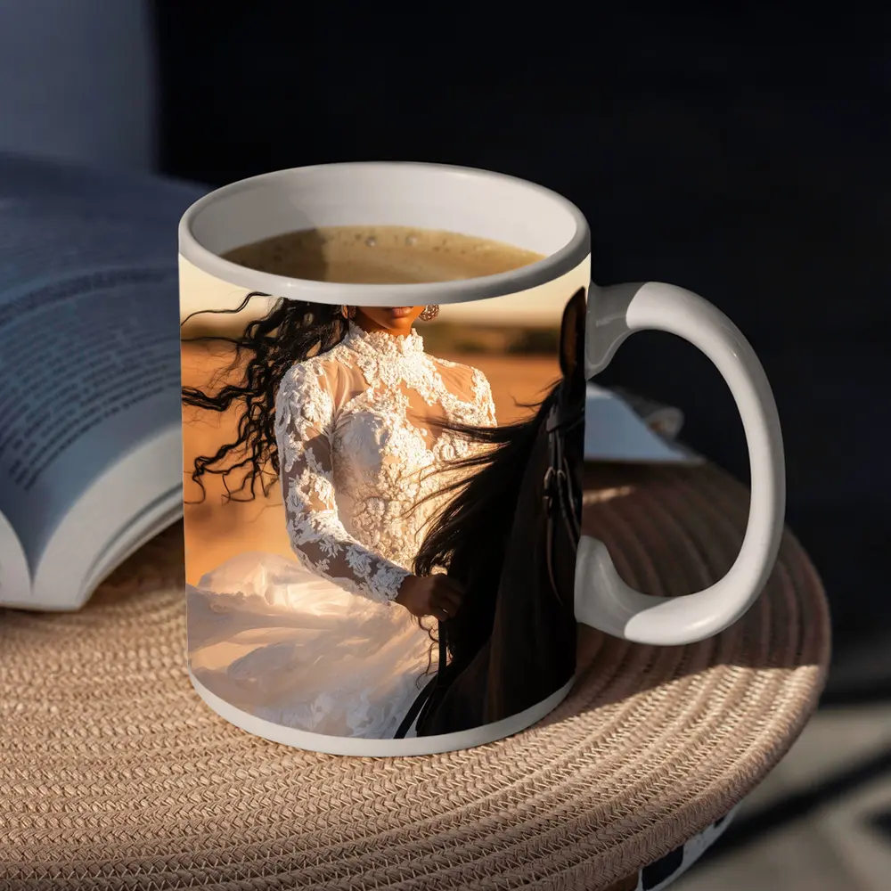 Woman in White Lace Dress Riding Horse – Mugs