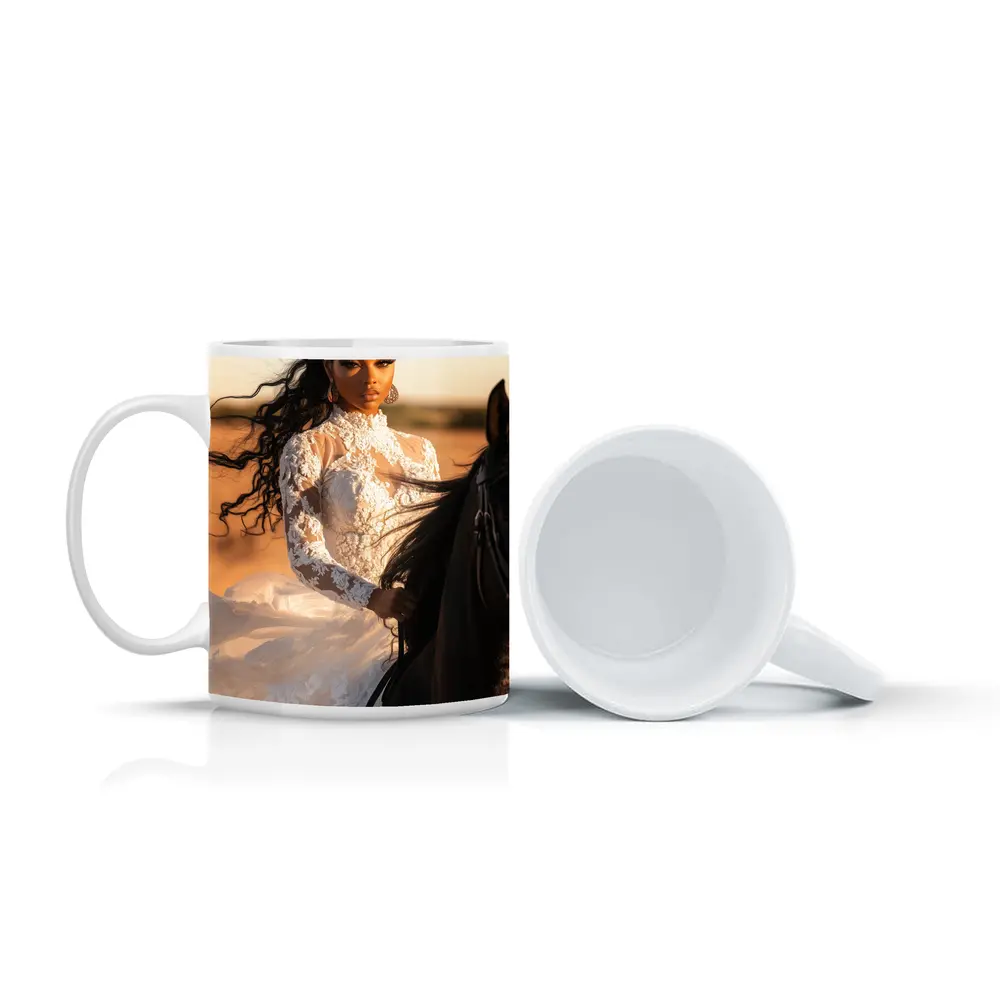 Woman in White Lace Dress Riding Horse – Mugs