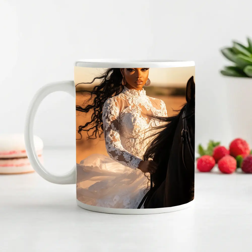 Woman in White Lace Dress Riding Horse – Mugs