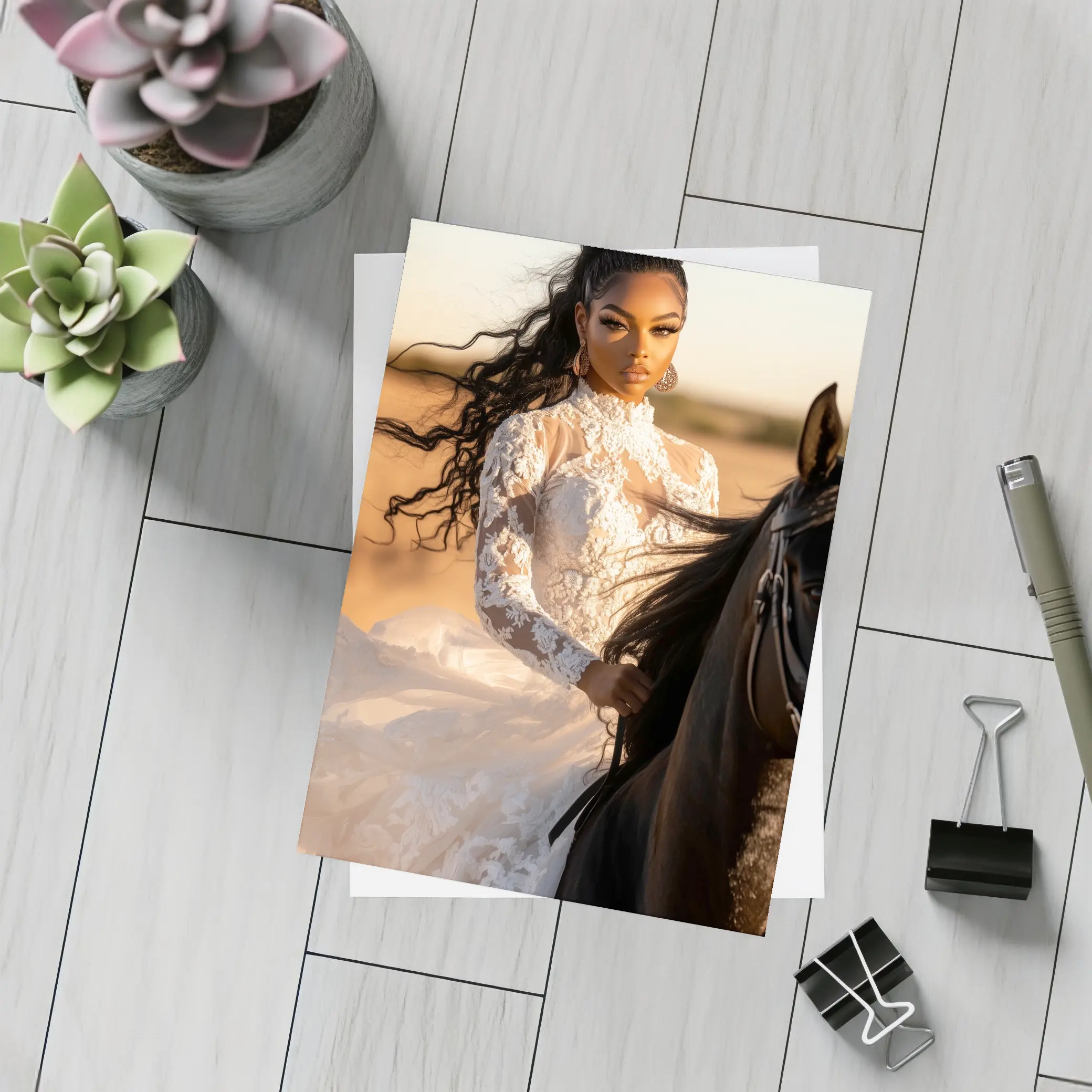 Woman in White Lace Dress Riding Horse – Postcards