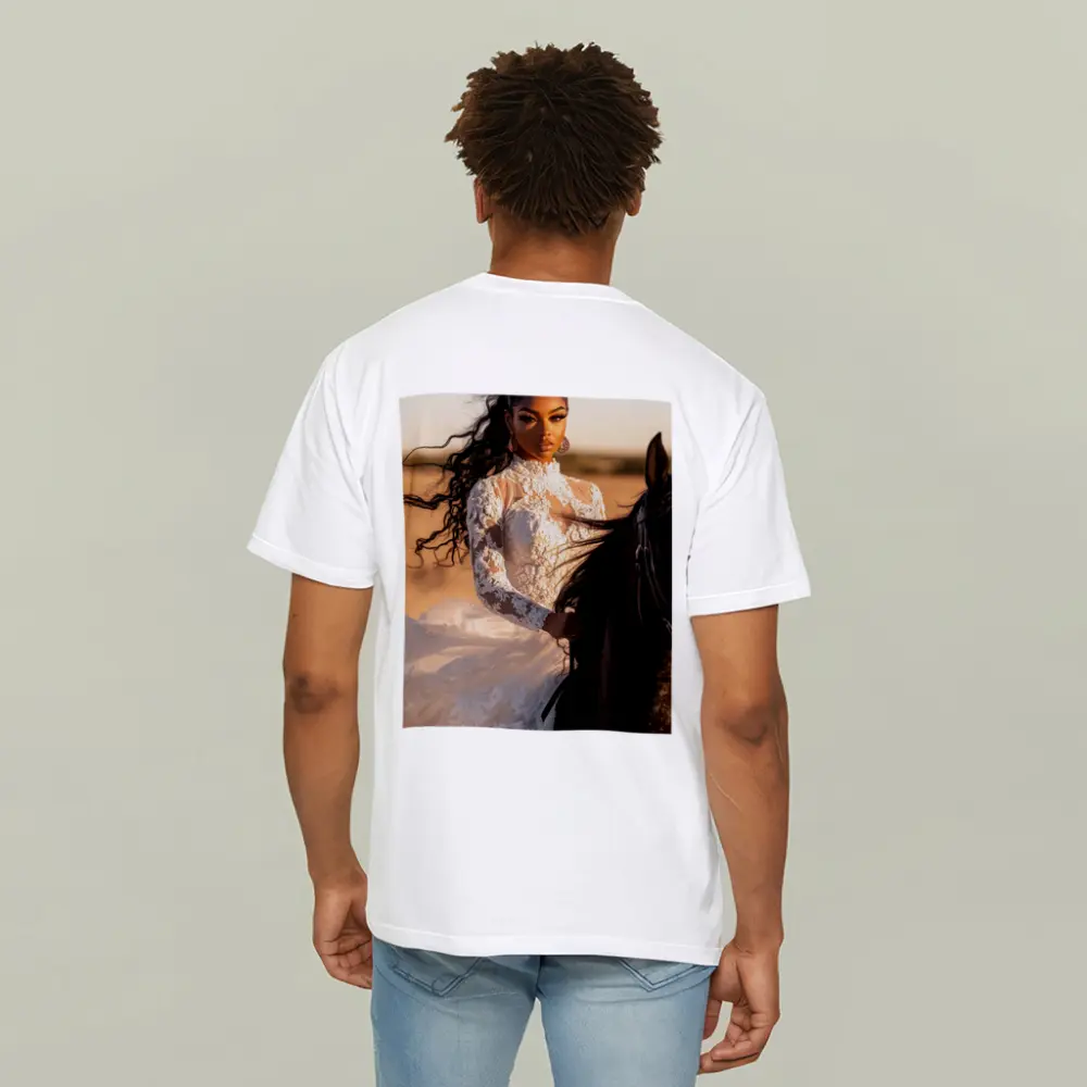Woman in White Lace Dress Riding Horse – T-Shirts