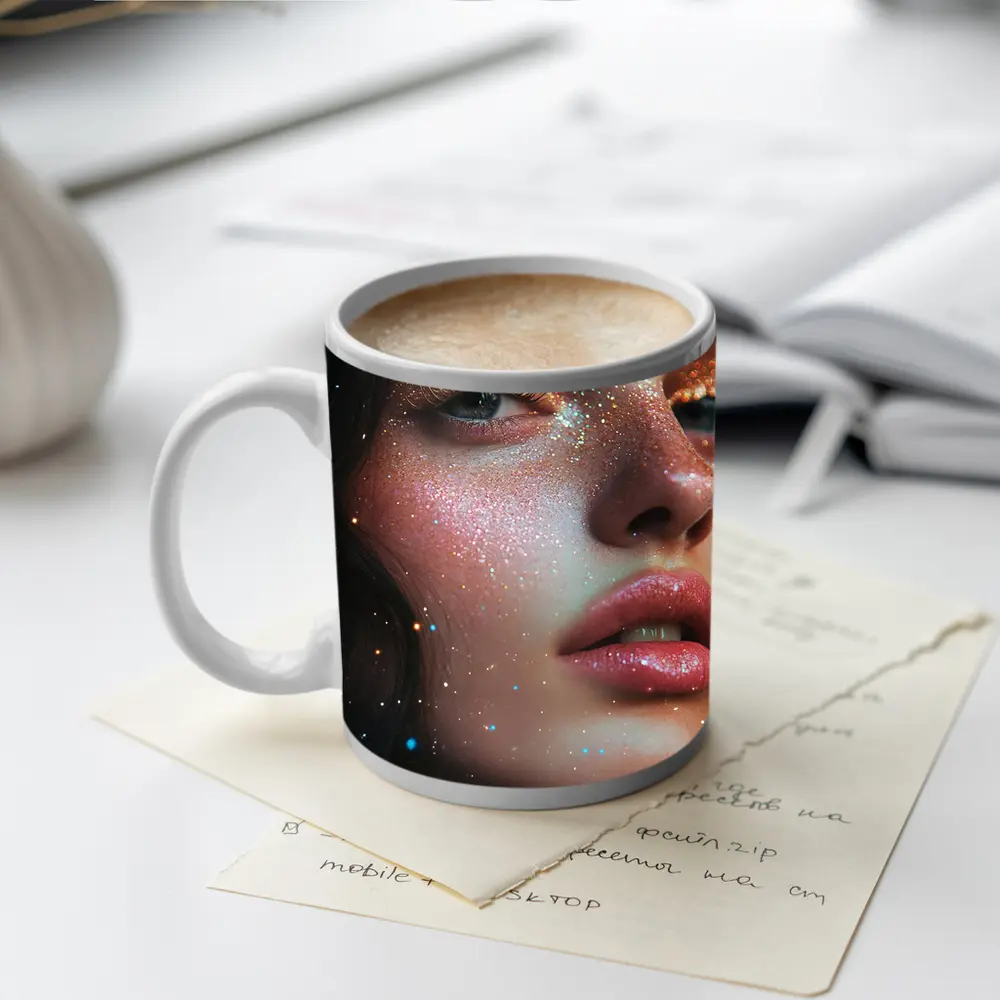 Glitter Makeup Woman Portrait Cosmic Background – Mugs