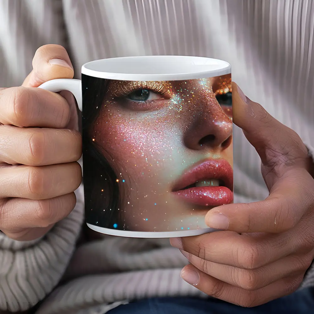 Glitter Makeup Woman Portrait Cosmic Background – Mugs