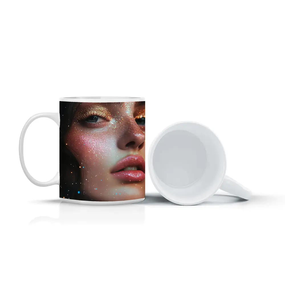 Glitter Makeup Woman Portrait Cosmic Background – Mugs