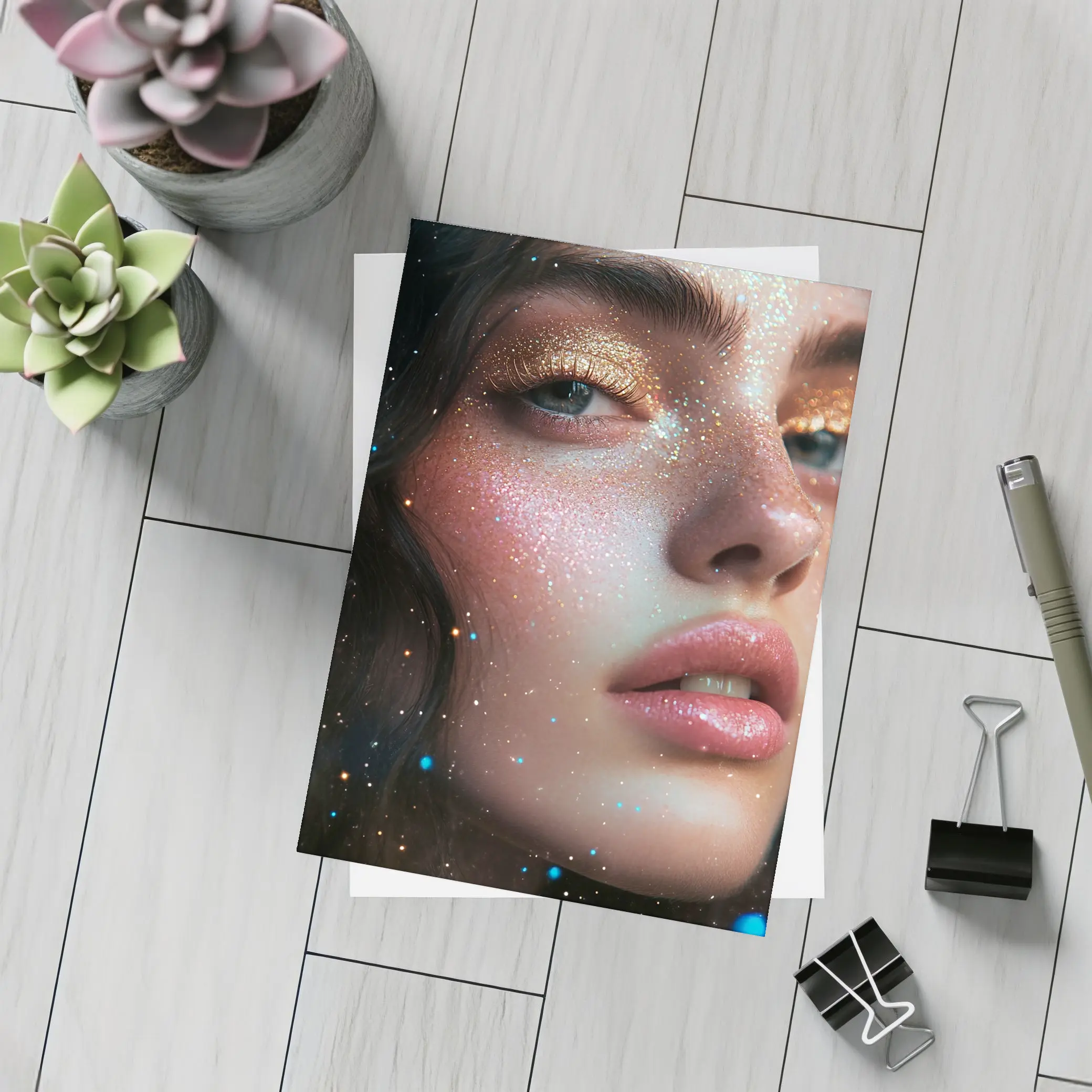 Glitter Makeup Woman Portrait Cosmic Background – Postcards
