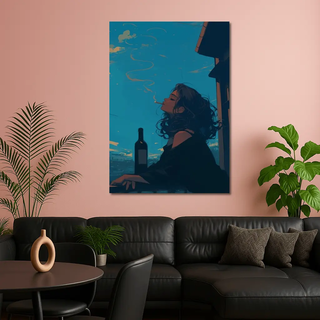 Anime Girl Smoking on Balcony Blue Sky – Wall Art