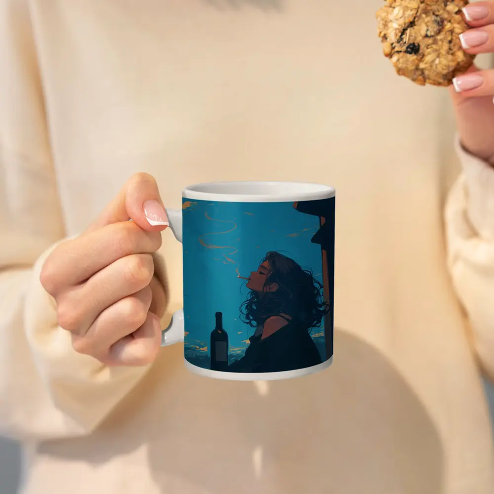 Anime Girl Smoking on Balcony Blue Sky – Mugs