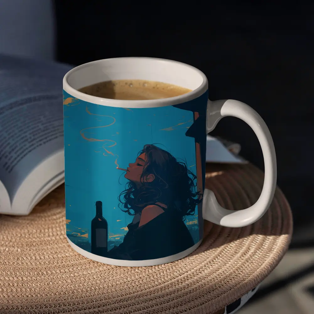 Anime Girl Smoking on Balcony Blue Sky – Mugs