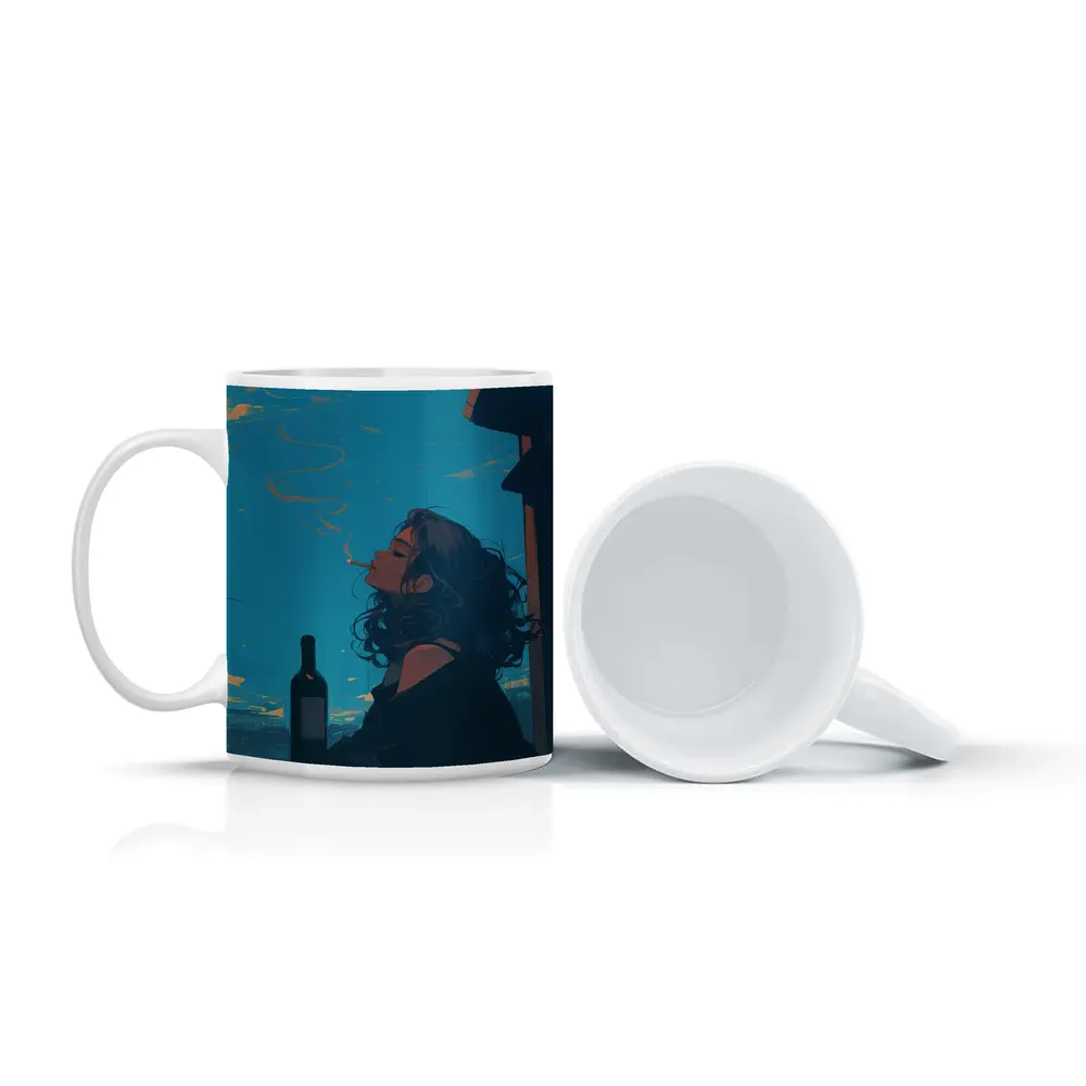 Anime Girl Smoking on Balcony Blue Sky – Mugs