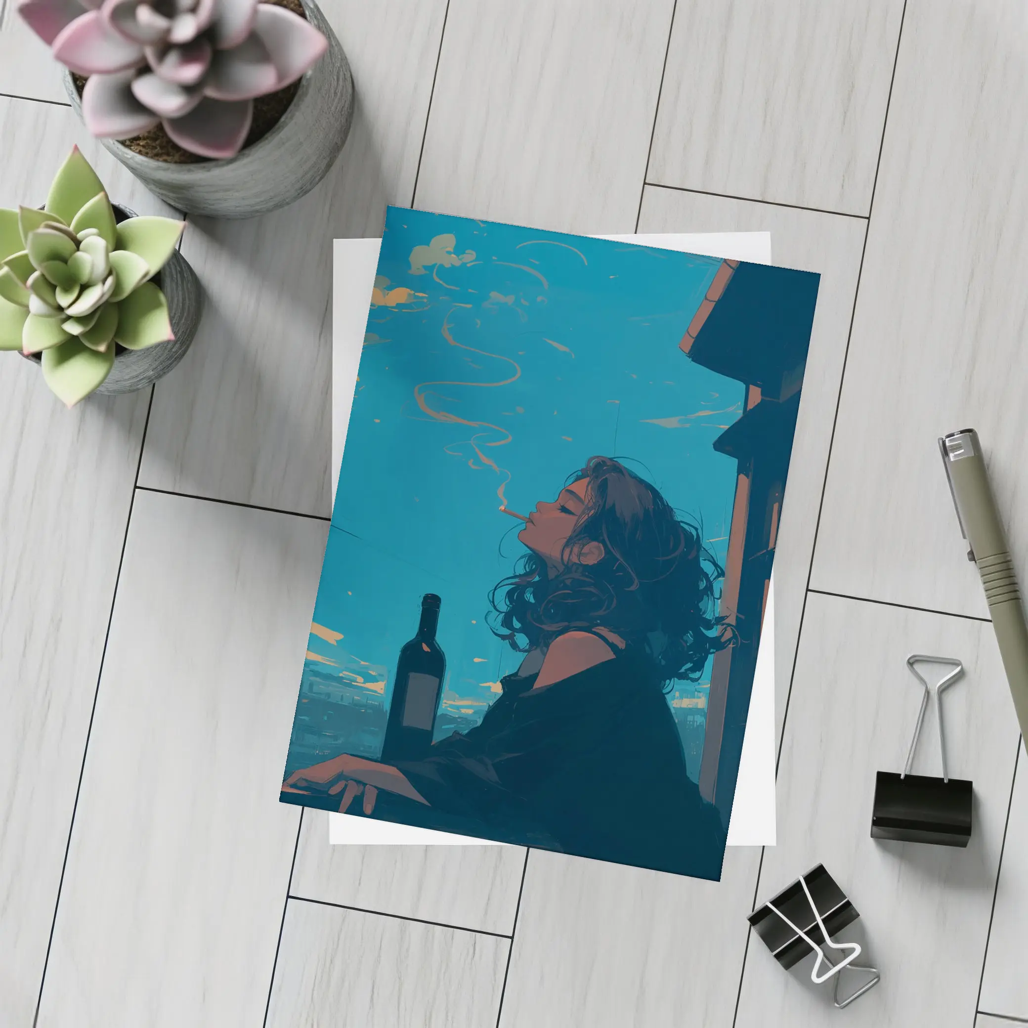 Anime Girl Smoking on Balcony Blue Sky – Postcards