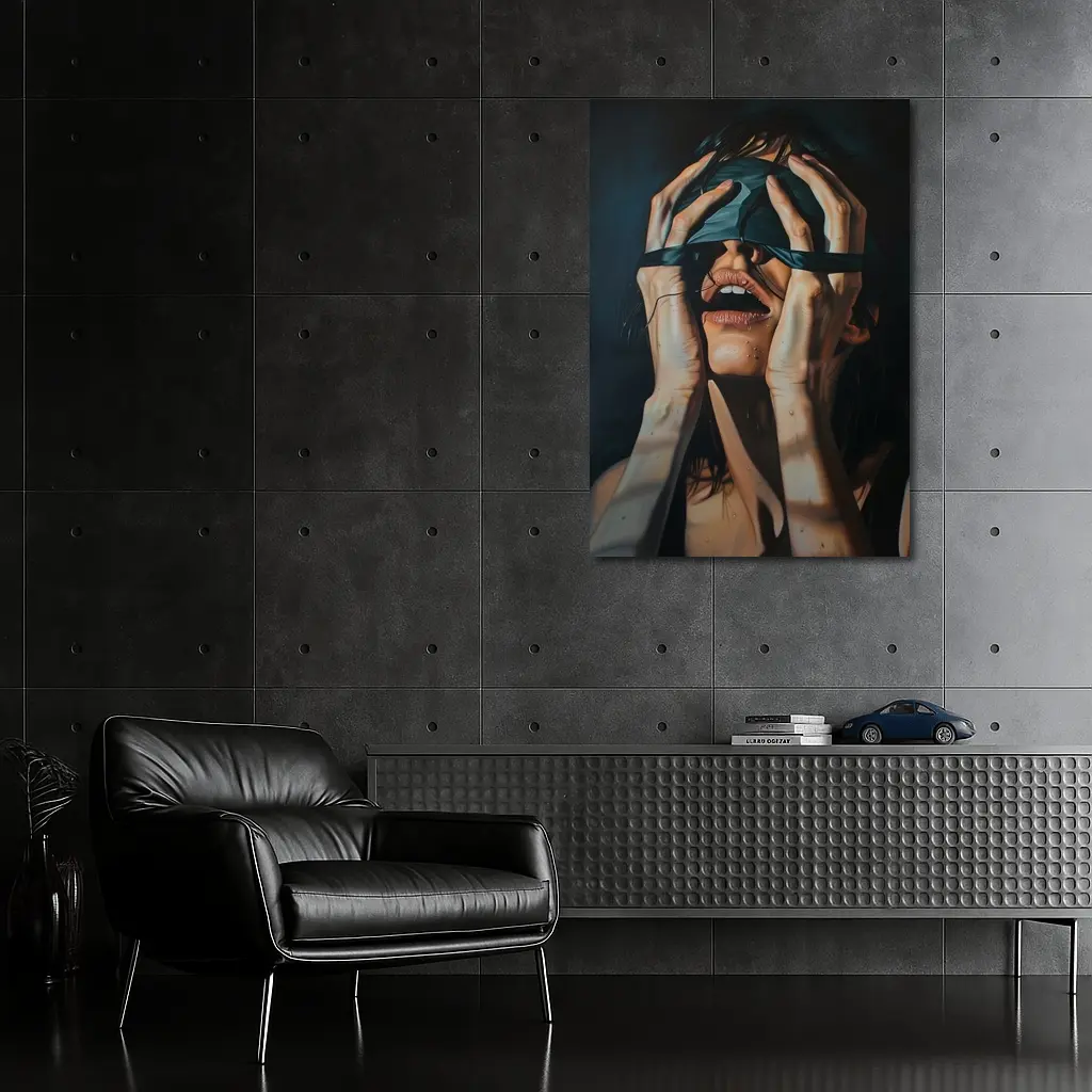 Woman Blindfolded Hands Dark Dramatic Painting – Wall Art
