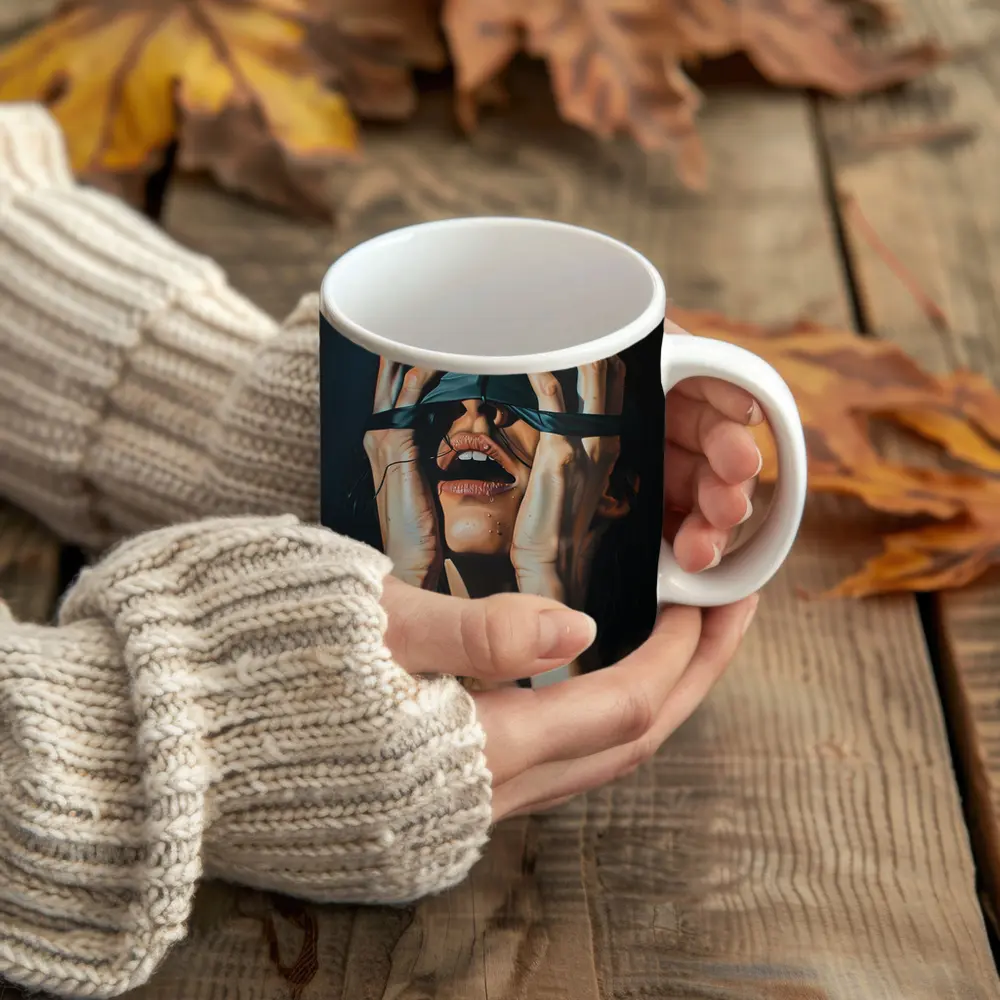Woman Blindfolded Hands Dark Dramatic Painting – Mugs