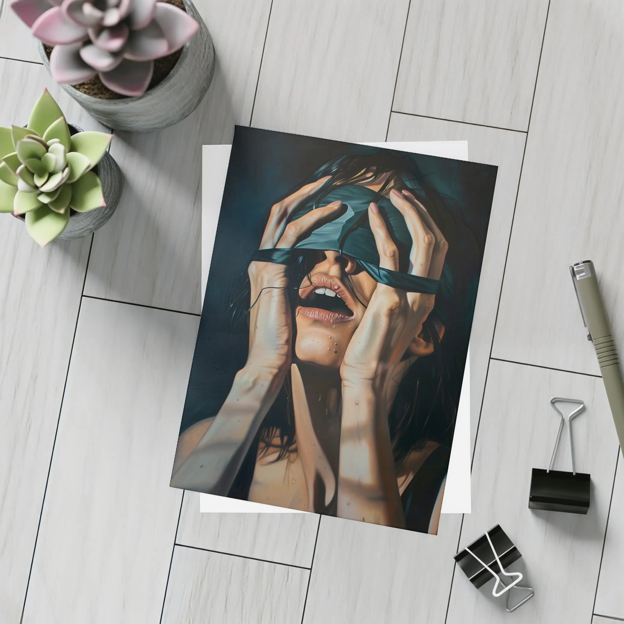 Woman Blindfolded Hands Dark Dramatic Painting – Postcards