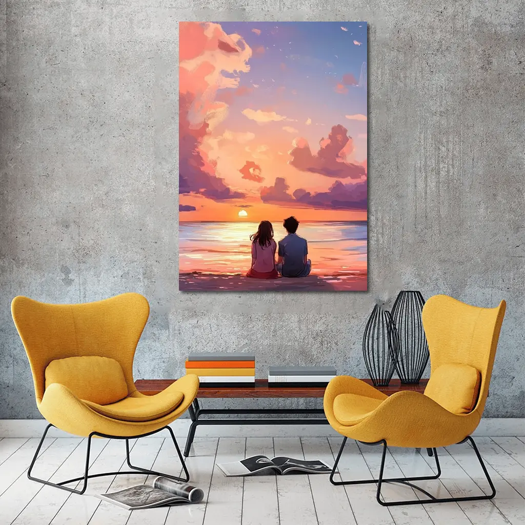Anime Couple Sitting Beach Sunset Sky – Wall Art