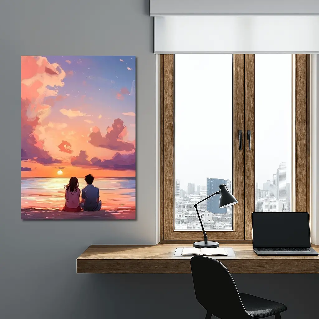 Anime Couple Sitting Beach Sunset Sky – Wall Art