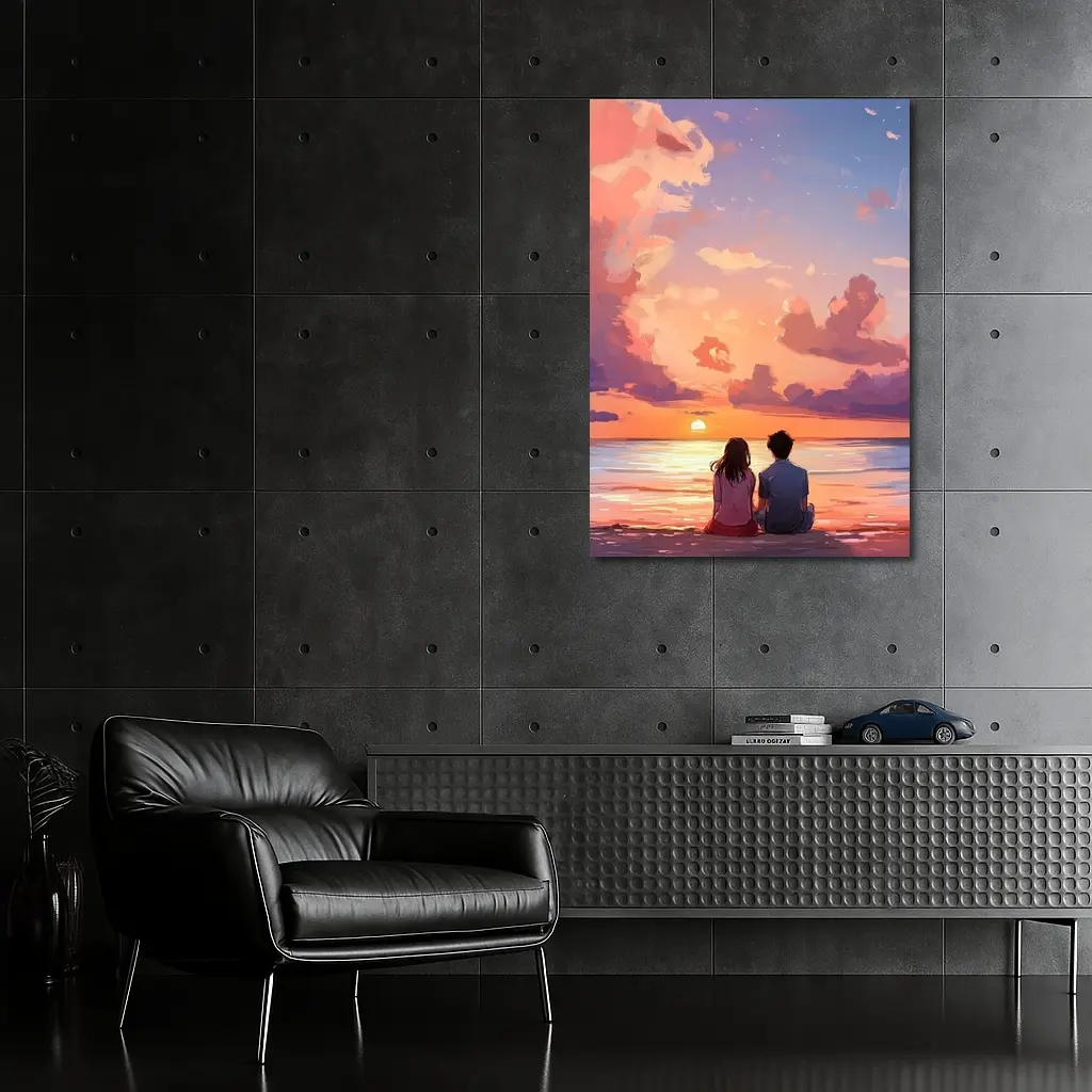 Anime Couple Sitting Beach Sunset Sky – Wall Art