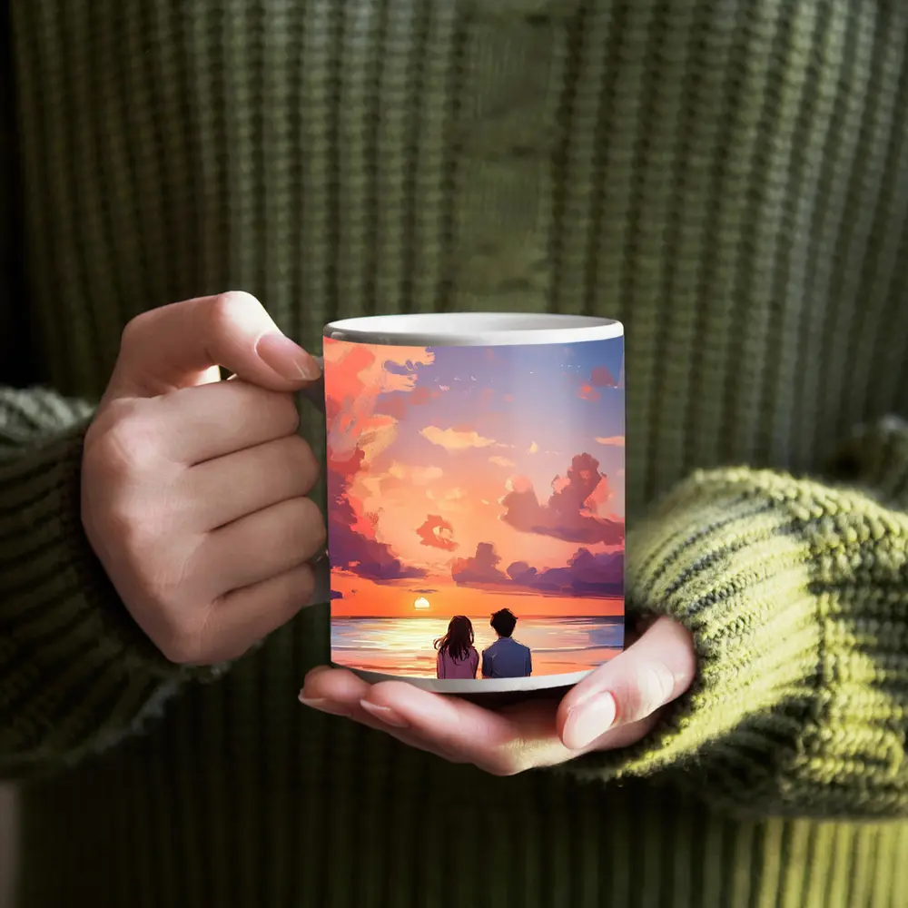 Anime Couple Sitting Beach Sunset Sky – Mugs