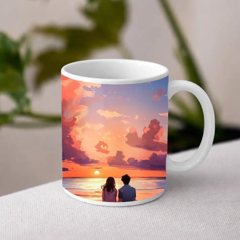 Anime Couple Sitting Beach Sunset Sky – Mugs