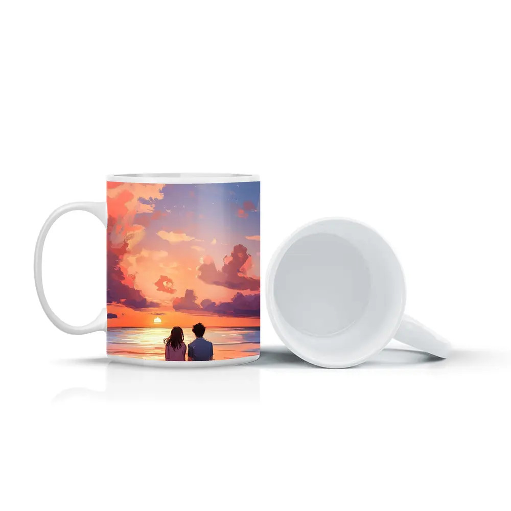 Anime Couple Sitting Beach Sunset Sky – Mugs