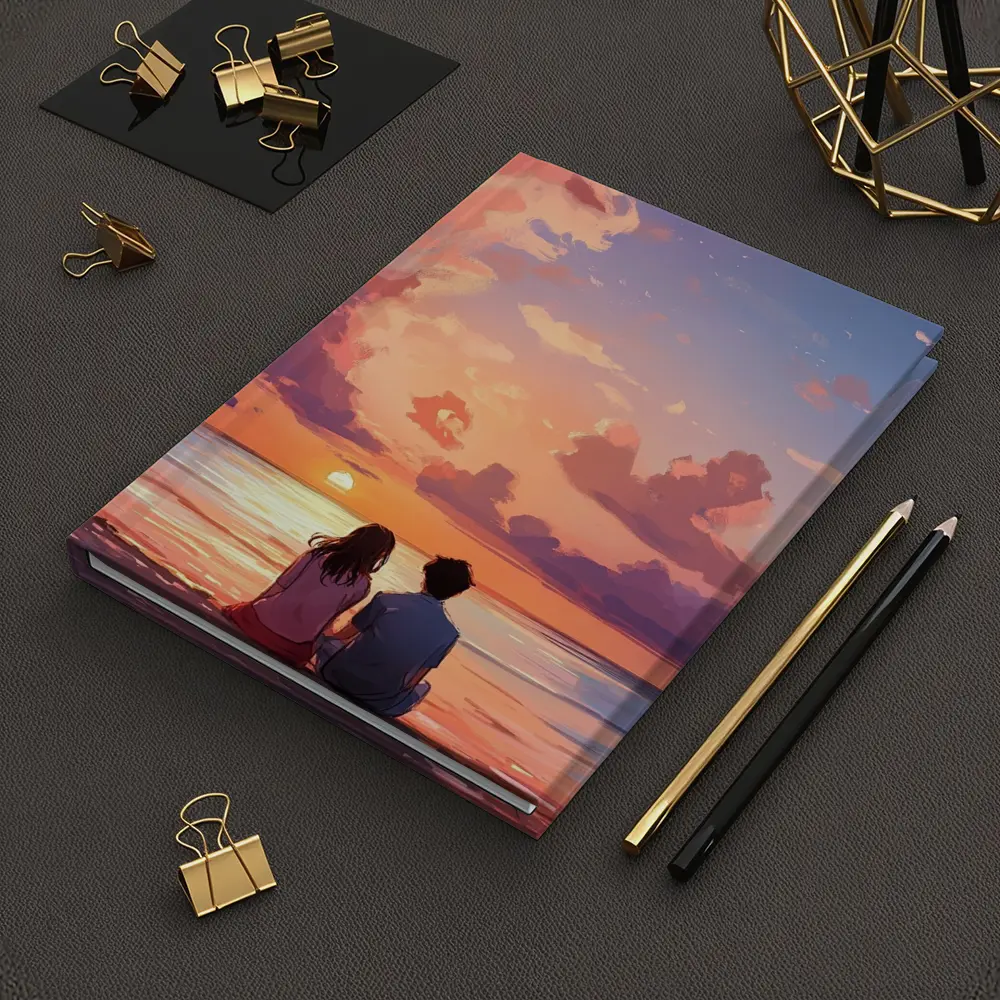 Anime Couple Sitting Beach Sunset Sky – Notebooks