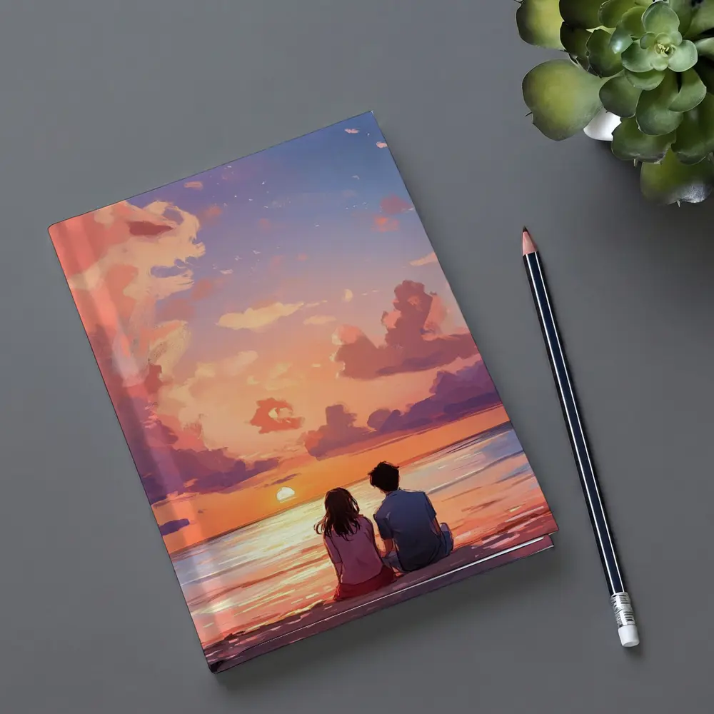 Anime Couple Sitting Beach Sunset Sky – Notebooks
