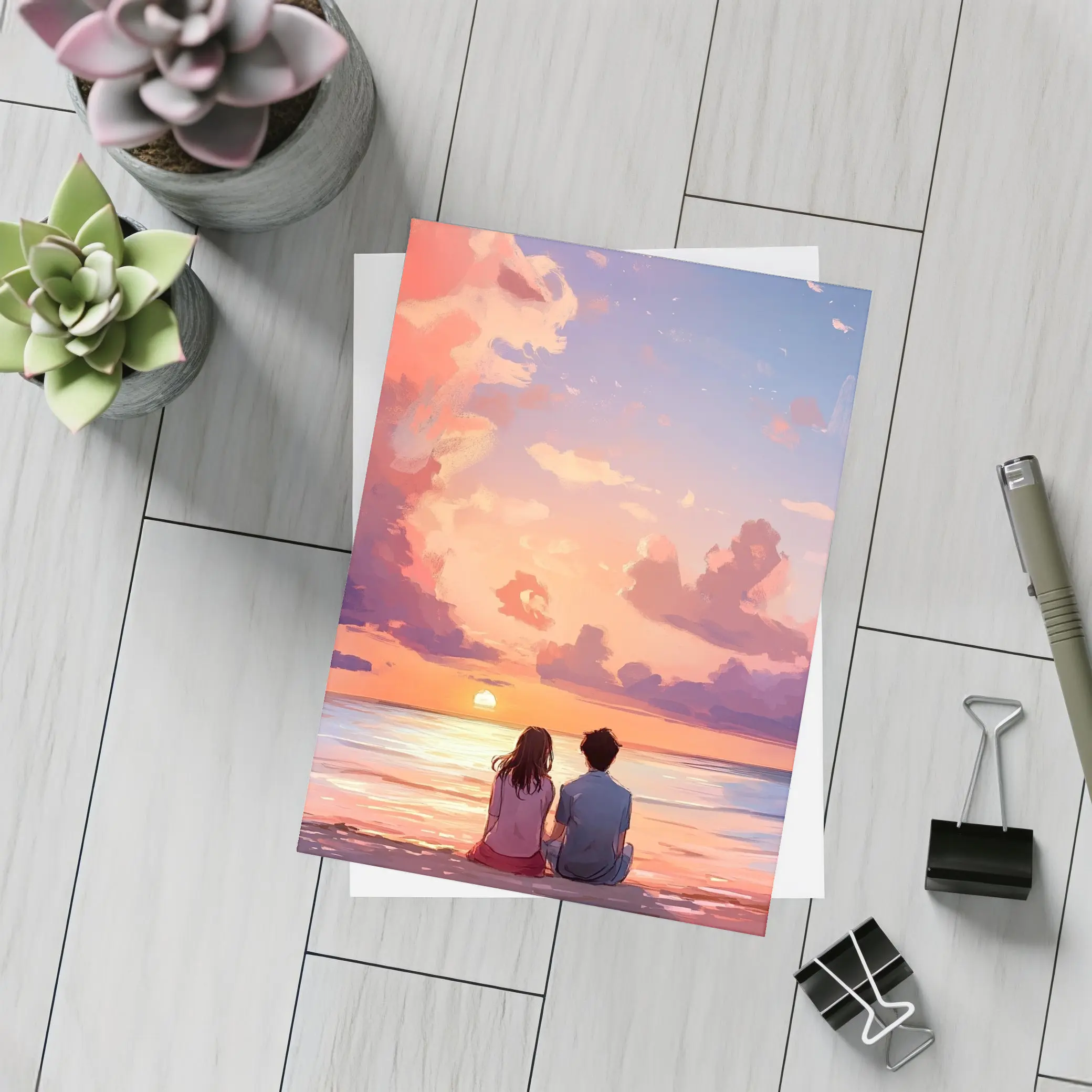 Anime Couple Sitting Beach Sunset Sky – Postcards
