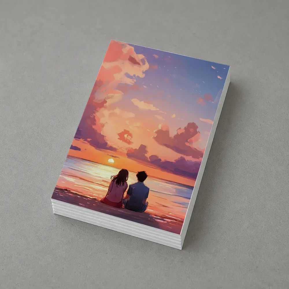 Anime Couple Sitting Beach Sunset Sky – Postcards