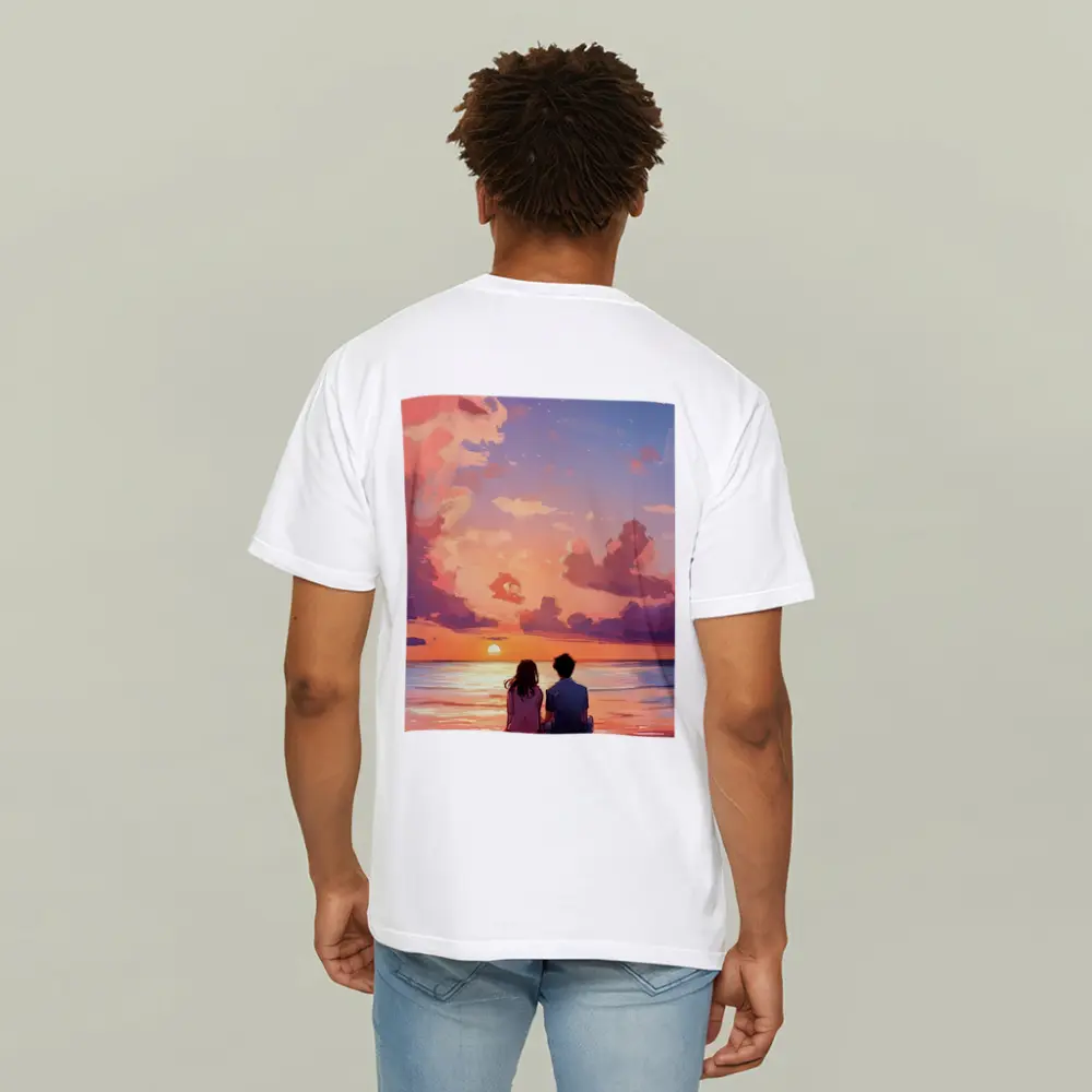 Anime Couple Sitting Beach Sunset Sky – T-Shirts