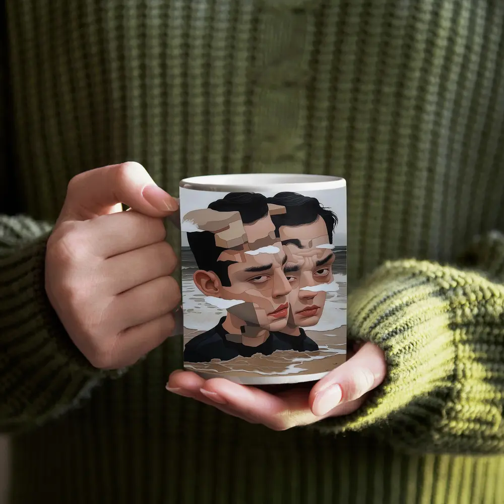 Surreal Man Portrait Fragmented Face Beach – Mugs