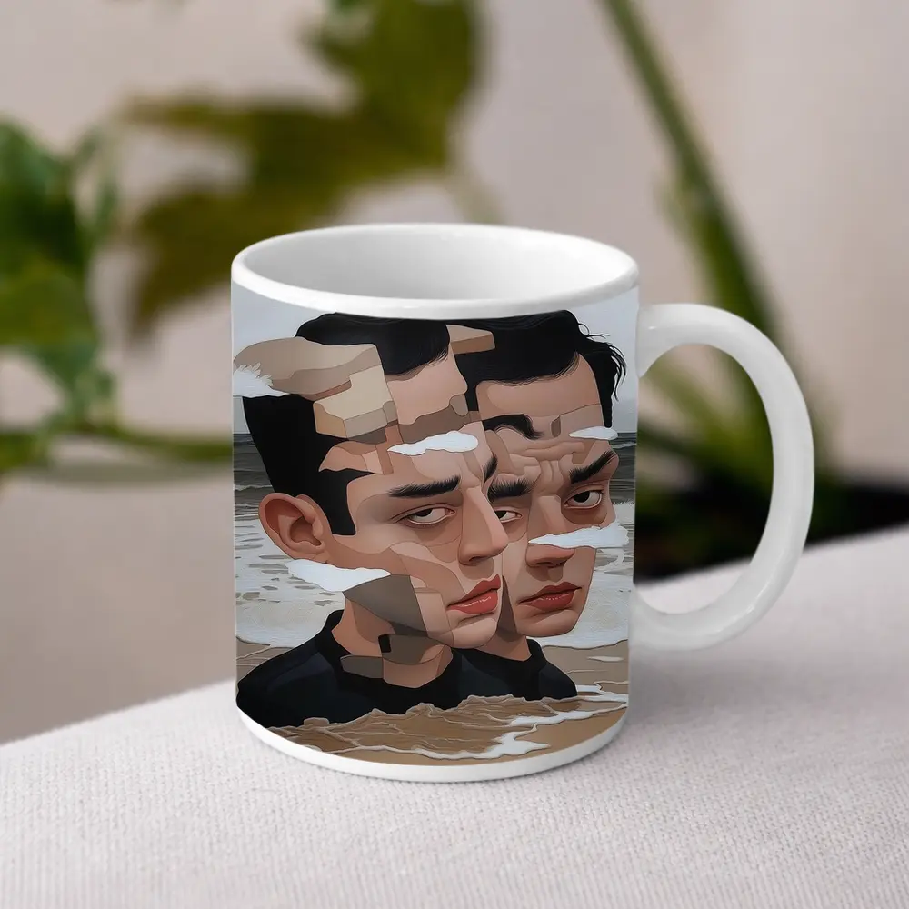 Surreal Man Portrait Fragmented Face Beach – Mugs