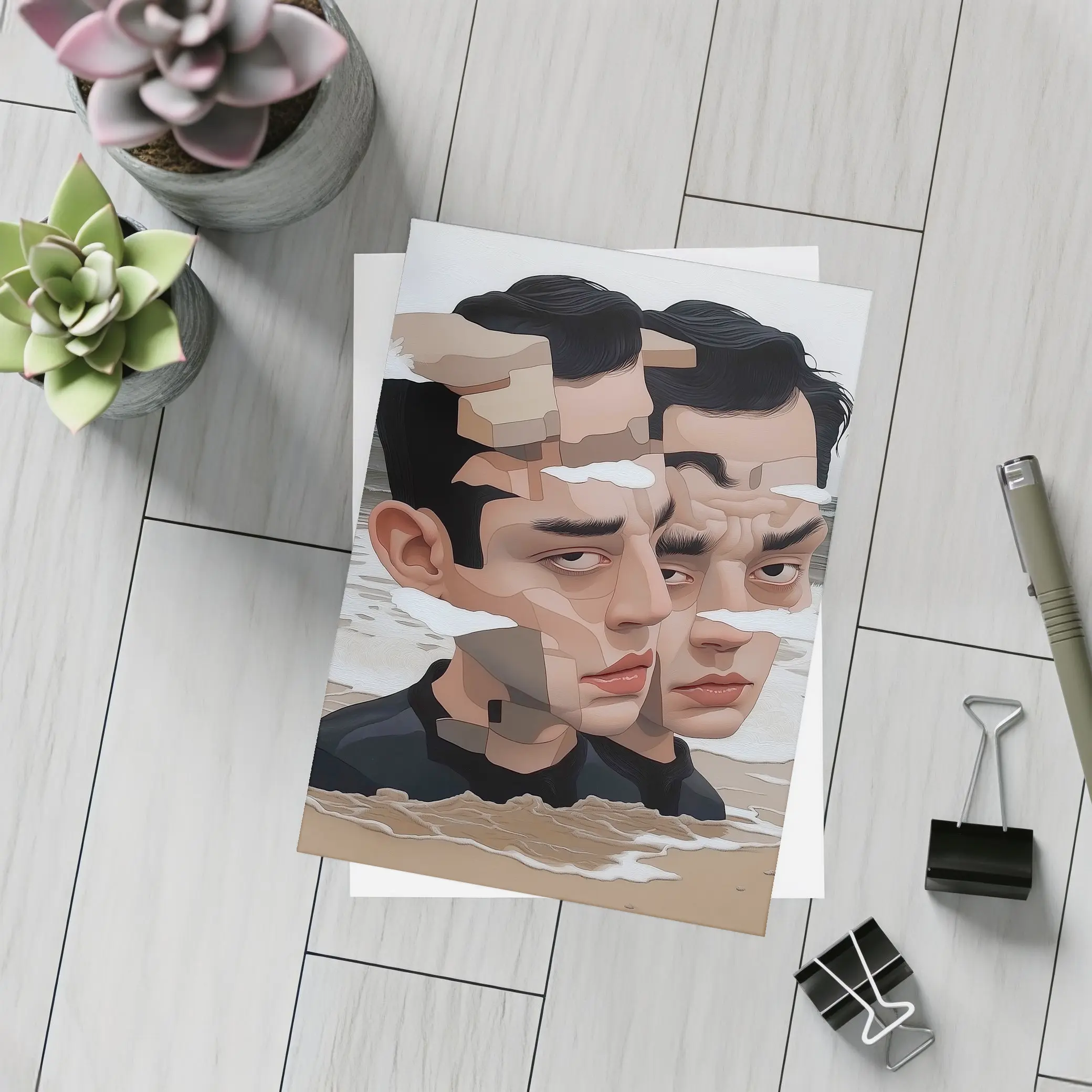 Surreal Man Portrait Fragmented Face Beach – Postcards