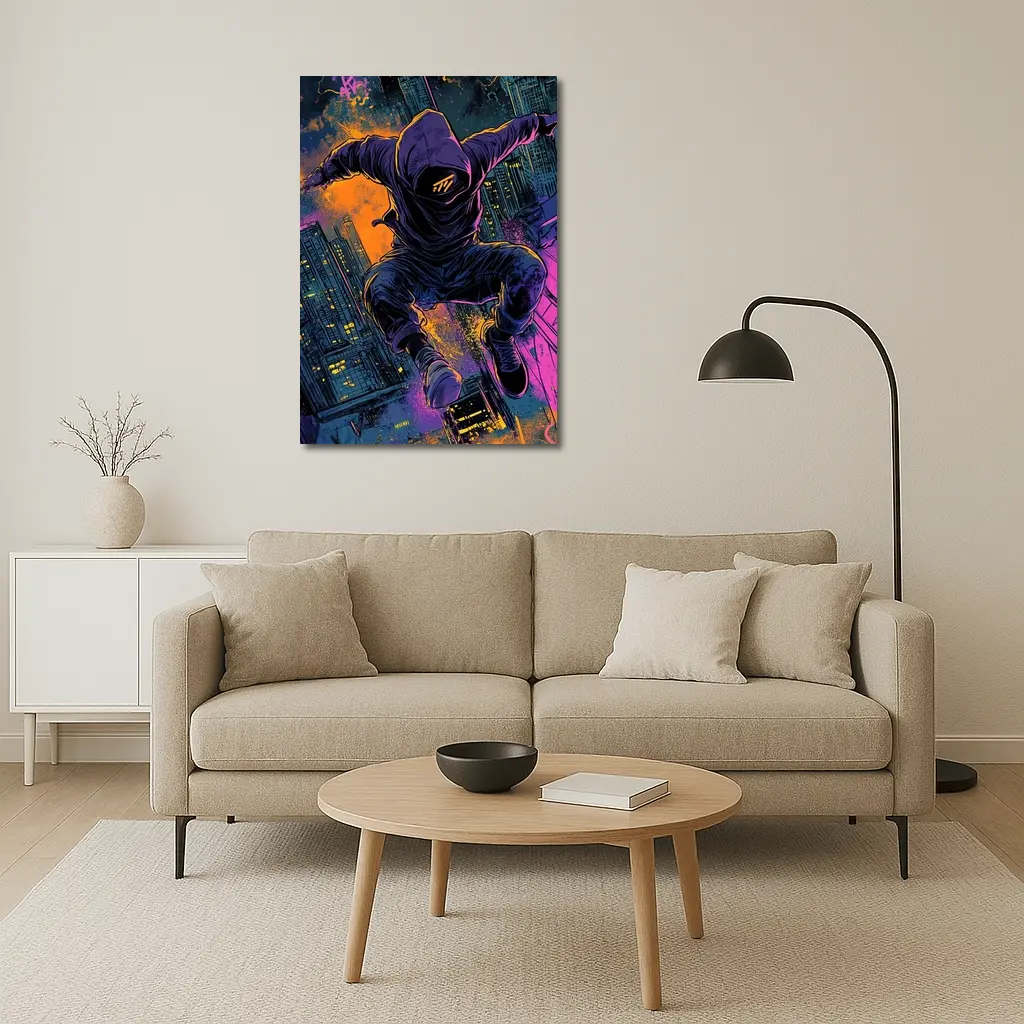 Hooded Figure Leaping Over Neon City – Wall Art