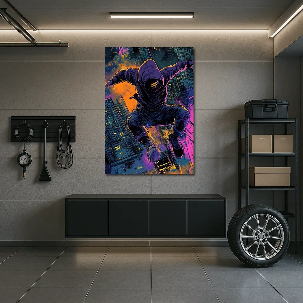 Hooded Figure Leaping Over Neon City – Wall Art