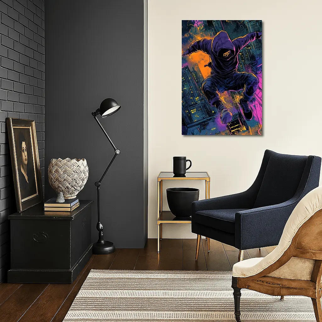 Hooded Figure Leaping Over Neon City – Wall Art