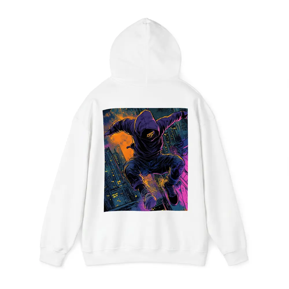 Hooded Figure Leaping Over Neon City – Hoodies