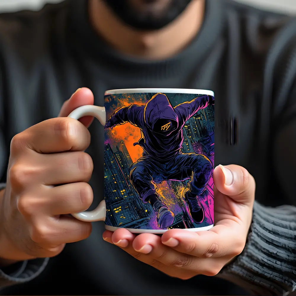Hooded Figure Leaping Over Neon City – Mugs