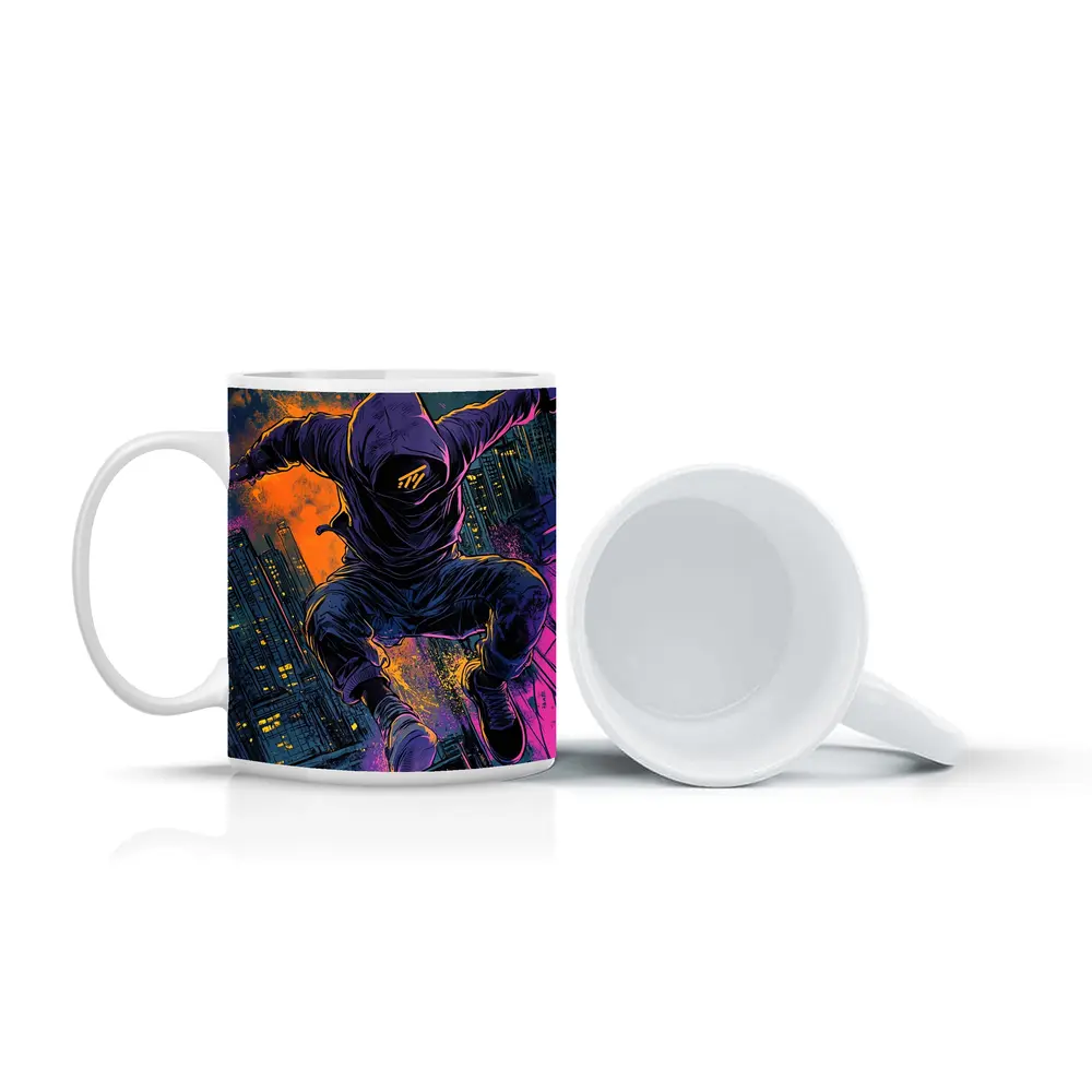 Hooded Figure Leaping Over Neon City – Mugs