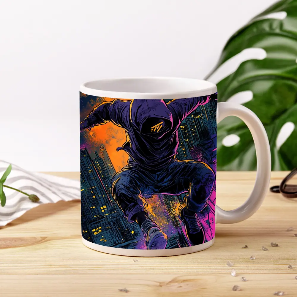 Hooded Figure Leaping Over Neon City – Mugs