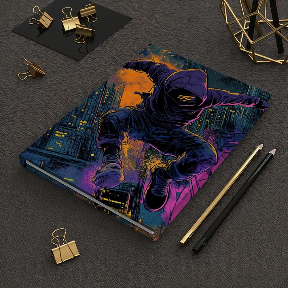 Hooded Figure Leaping Over Neon City – Notebooks