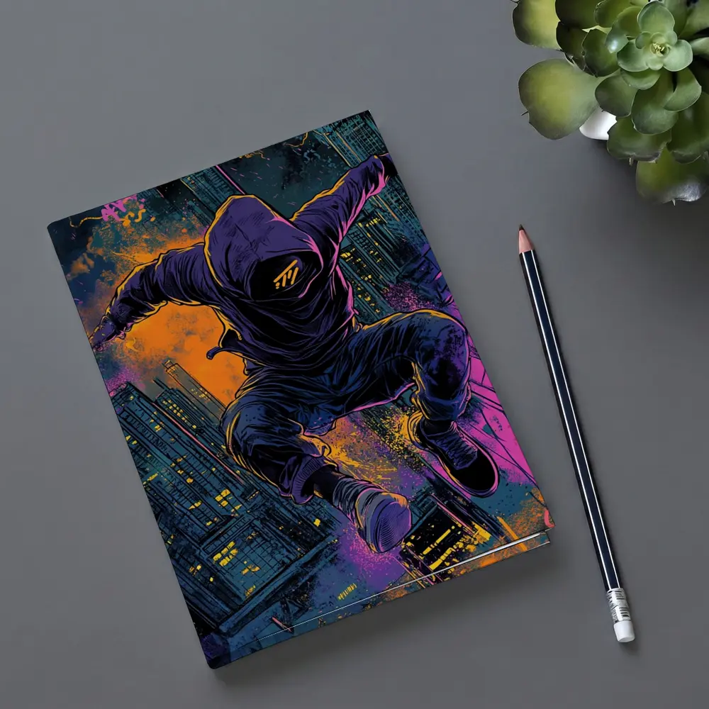 Hooded Figure Leaping Over Neon City – Notebooks