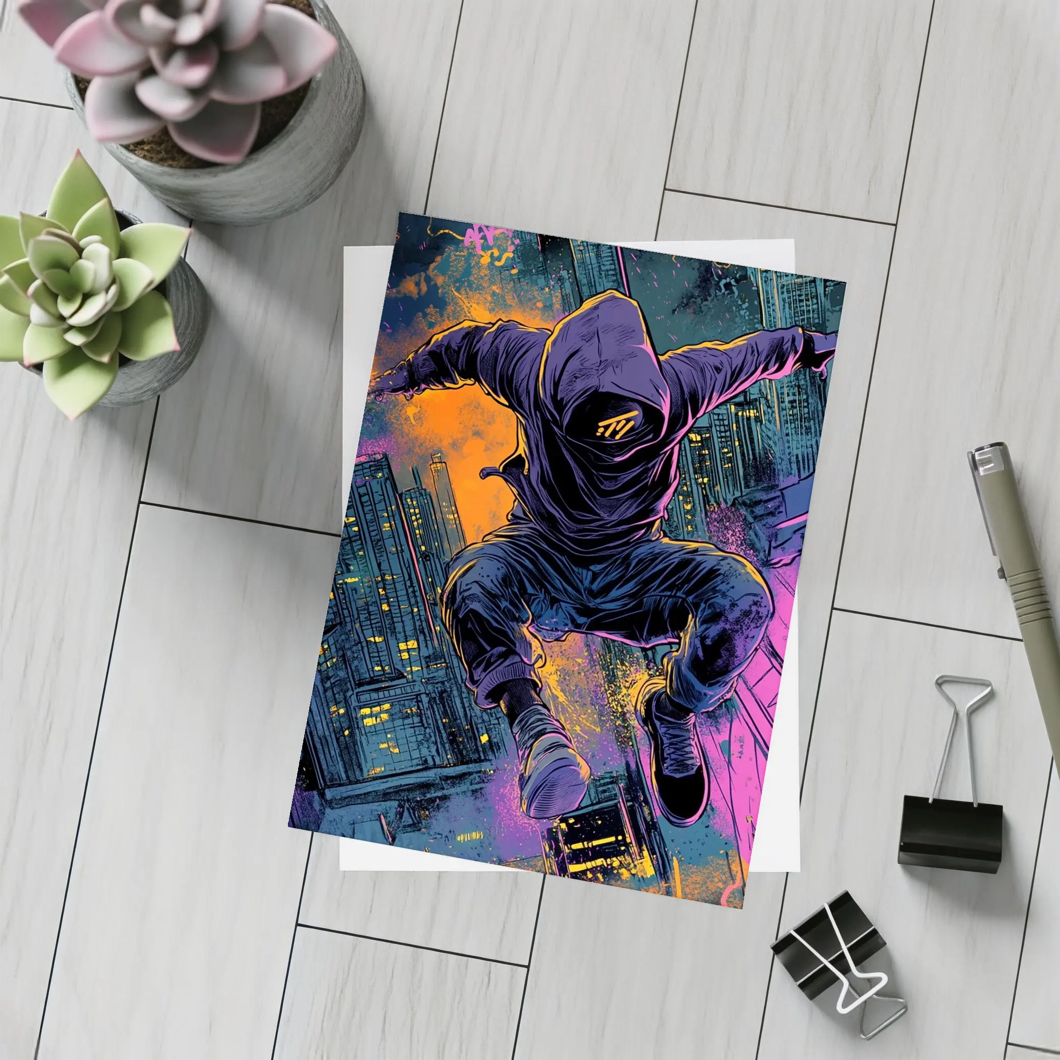Hooded Figure Leaping Over Neon City – Postcards