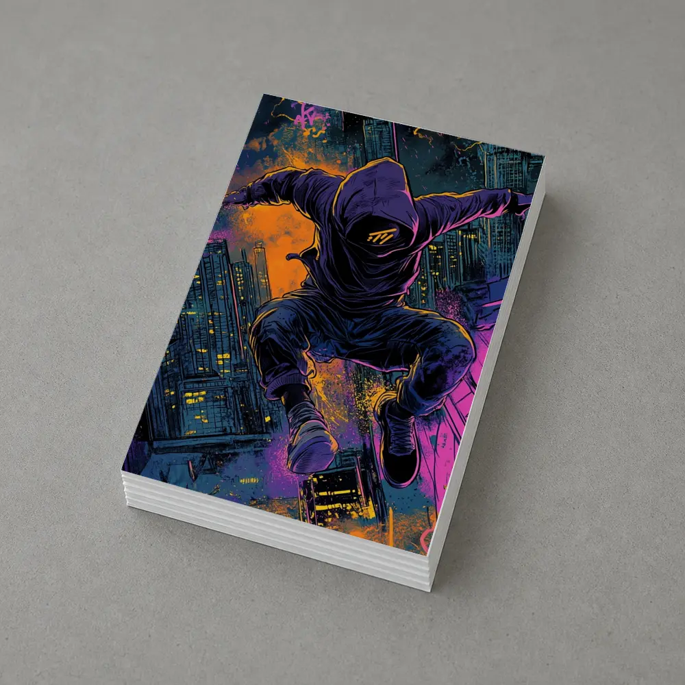 Hooded Figure Leaping Over Neon City – Postcards